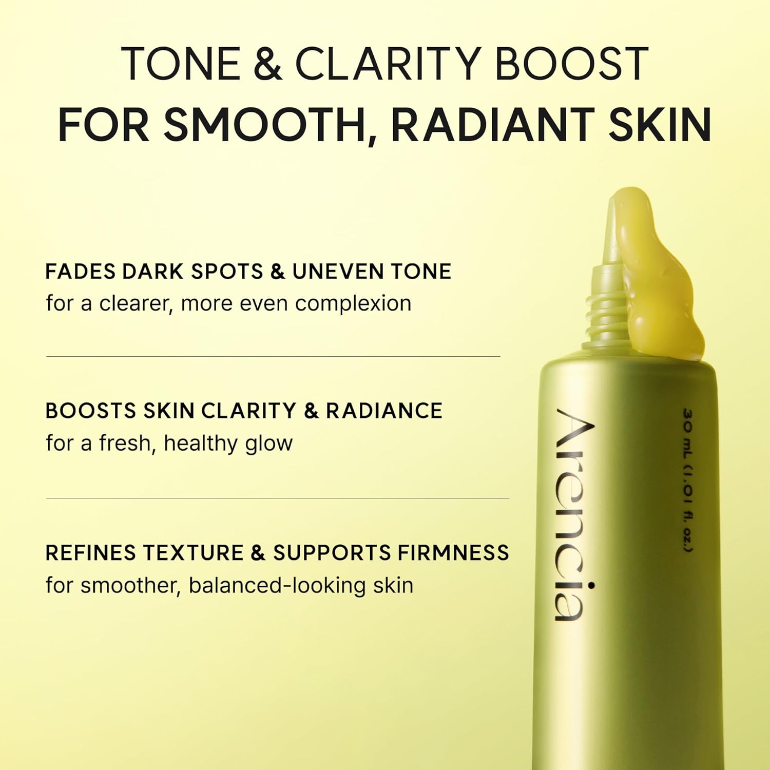 Skincare serum bottle with text on a yellow background, featuring the brand 'Arencia'.