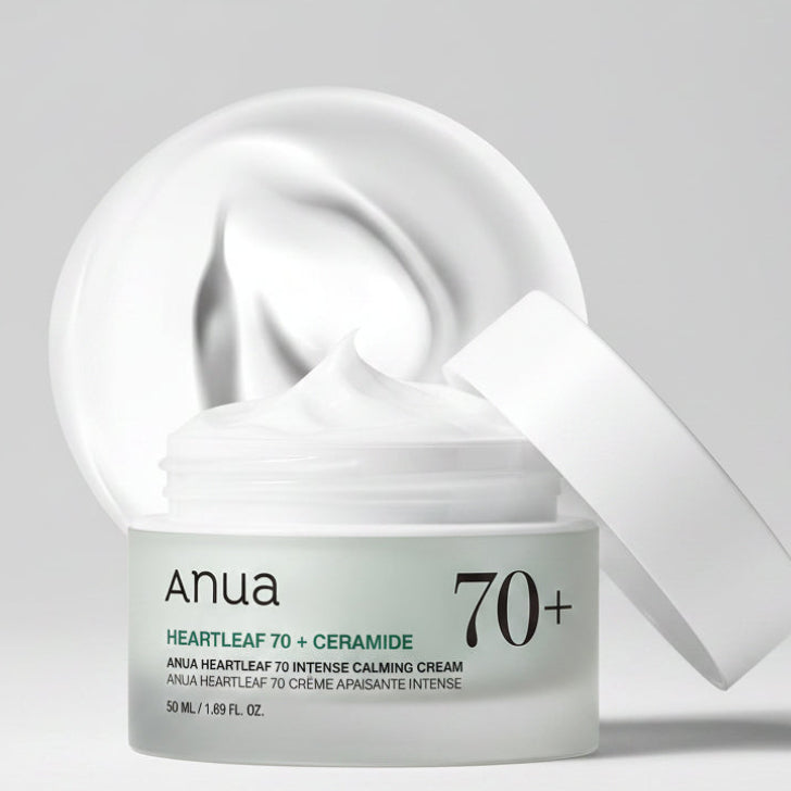 Anua Heartleaf 70+ Ceramide skincare cream packaging on a white background
