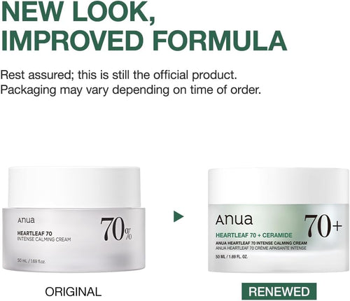 Two jars of Anua Heartleaf 70+ cream, one labeled 'Original' and the other 'Renewed', on a white background with text about new look and improved formula.