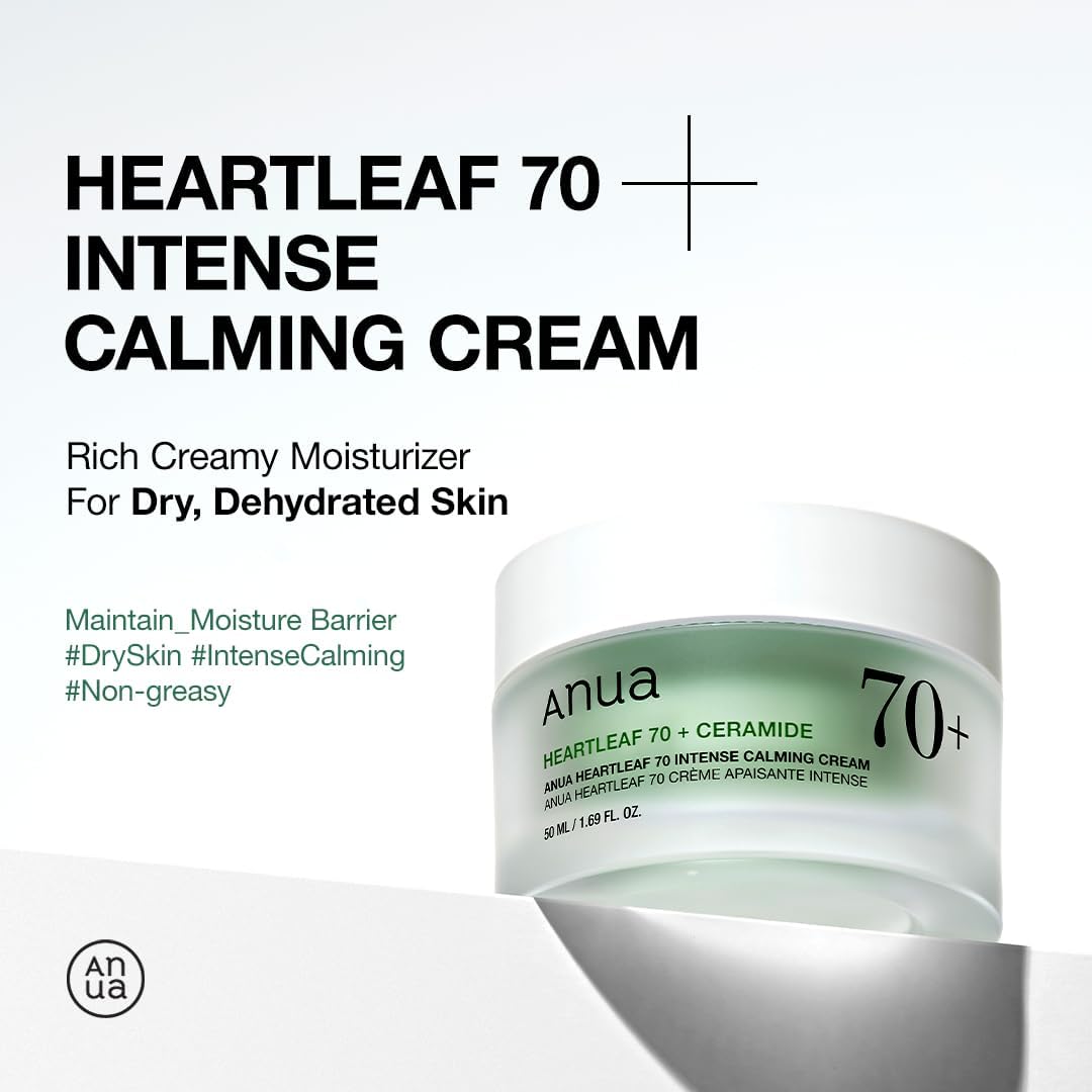 Anua Heartleaf 70+ Intense Calming Cream jar with branding and product description on a white background