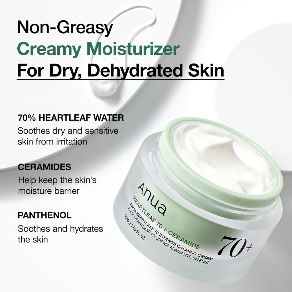 Anua 70+ Creamy Moisturizer jar with text highlighting ingredients and benefits on a white background