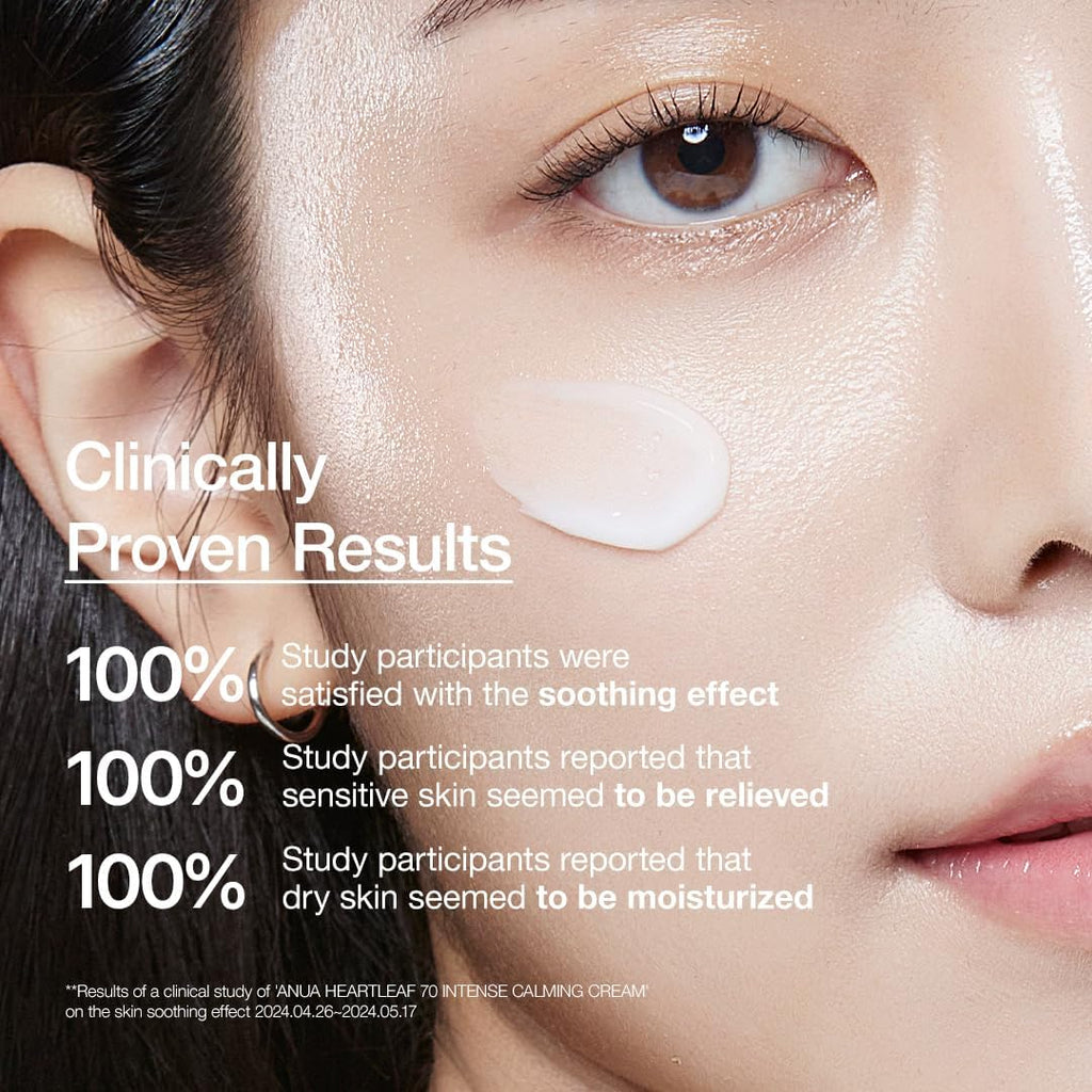 Close-up of a person's face with text highlighting clinically proven results for a skincare product.