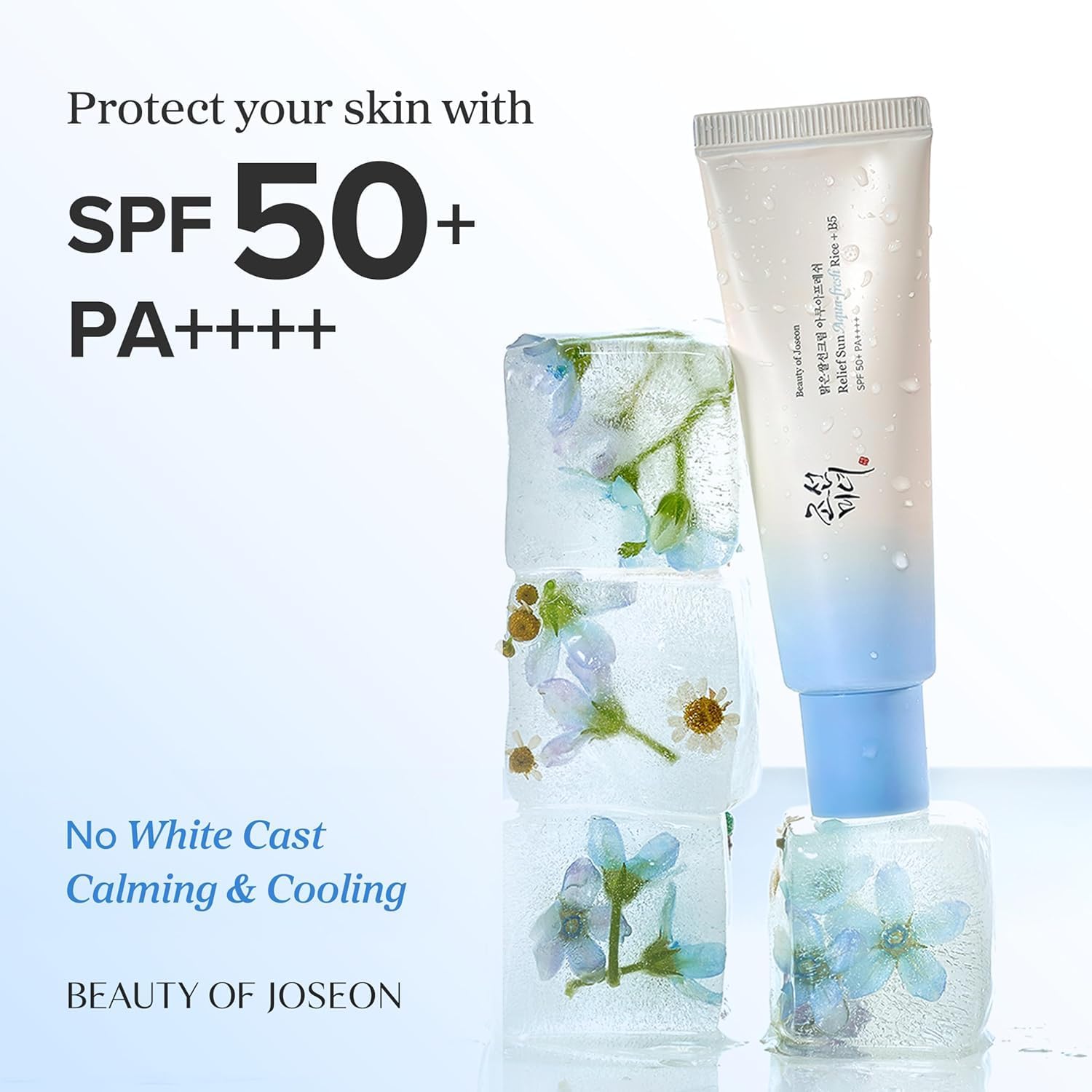 Skincare products with floral design on a white background, featuring SPF 50+ text.