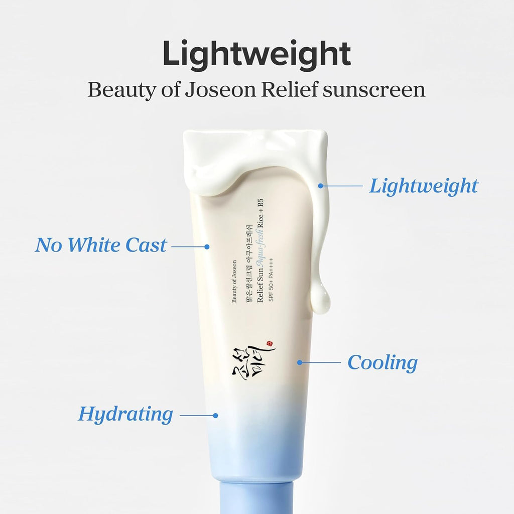 Sunscreen tube with text highlighting its features on a light gray background