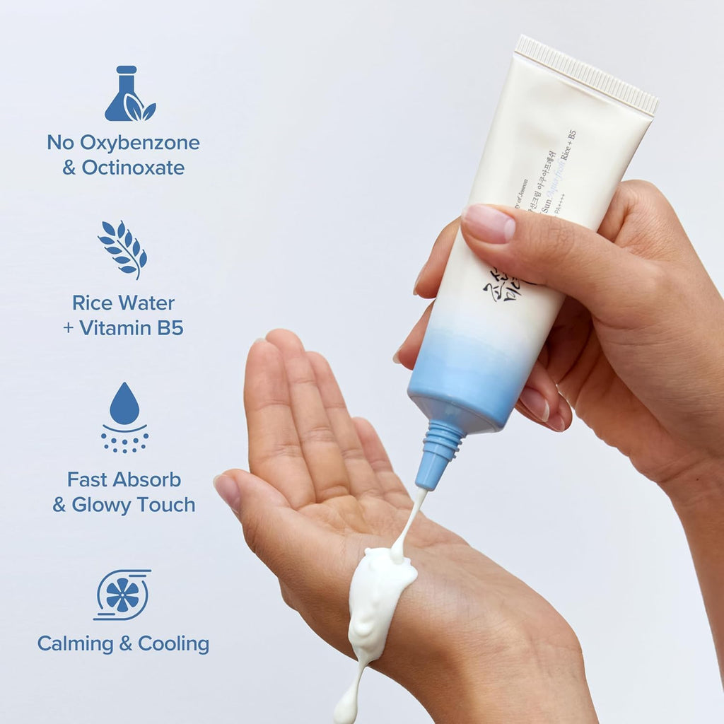 Hand applying a skincare product to the palm with text highlighting ingredients and benefits.