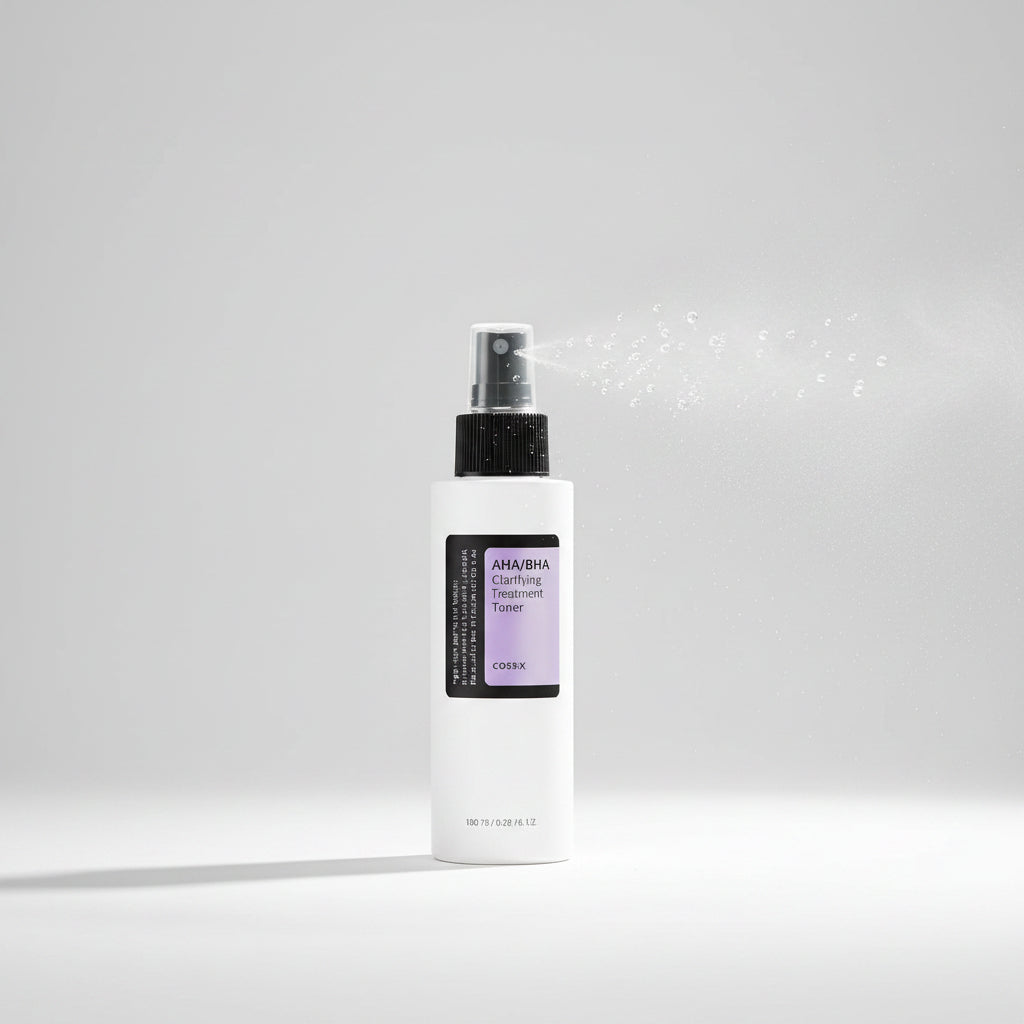 Cosrx AHA/BHA Clarifying Treatment Toner bottle with purple label on a white background