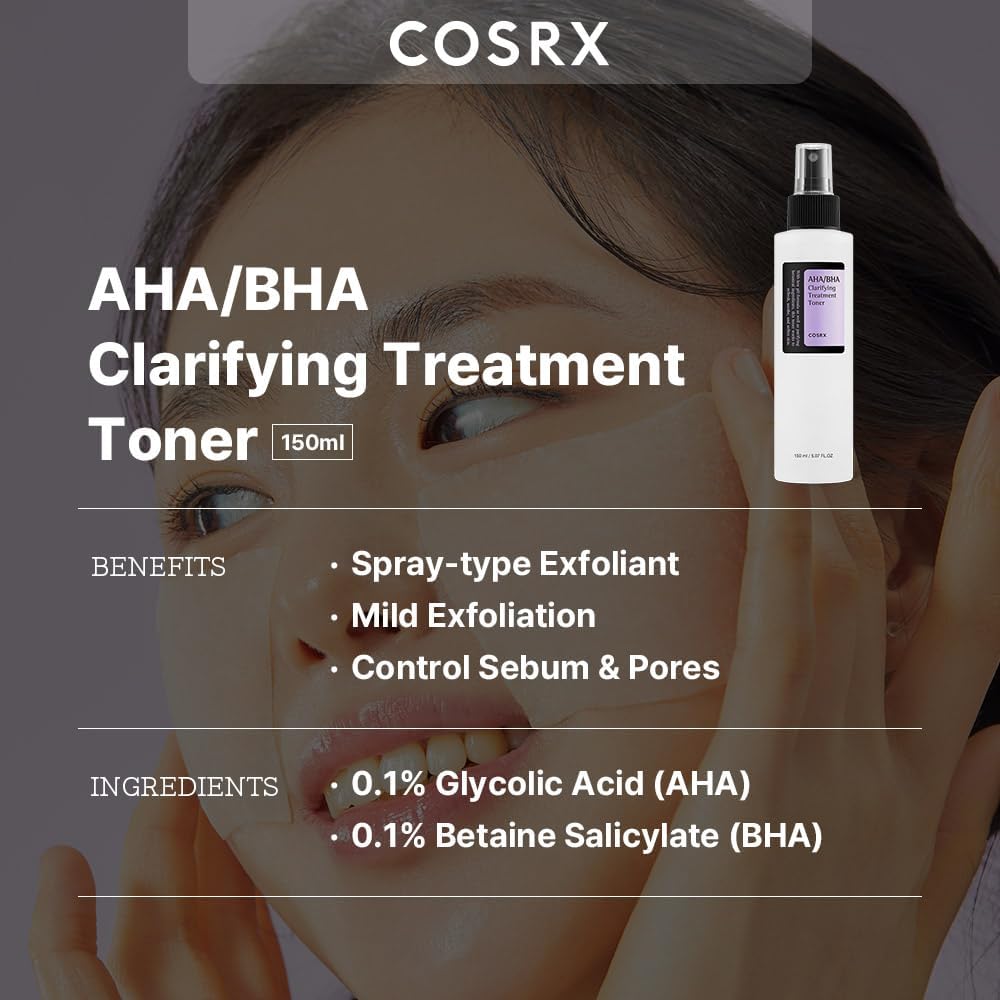 COSRX AHA/BHA Clarifying Treatment Toner with product image and benefits text.
