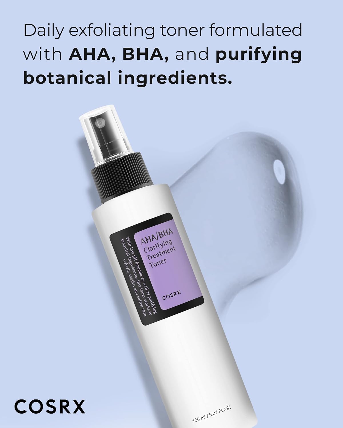 COSRX exfoliating toner bottle with text on a light blue background
