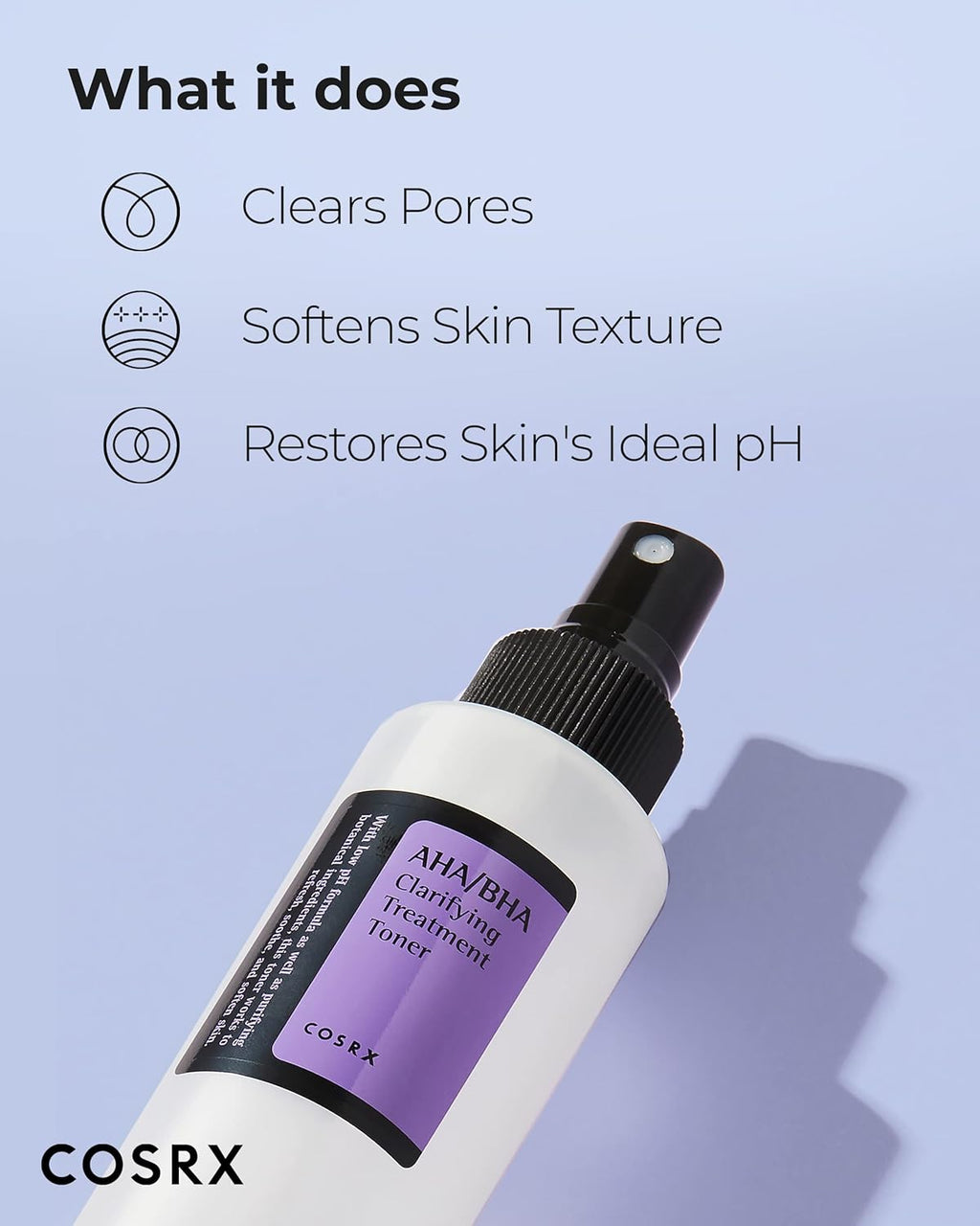 COSRX toner bottle with features on a light purple background