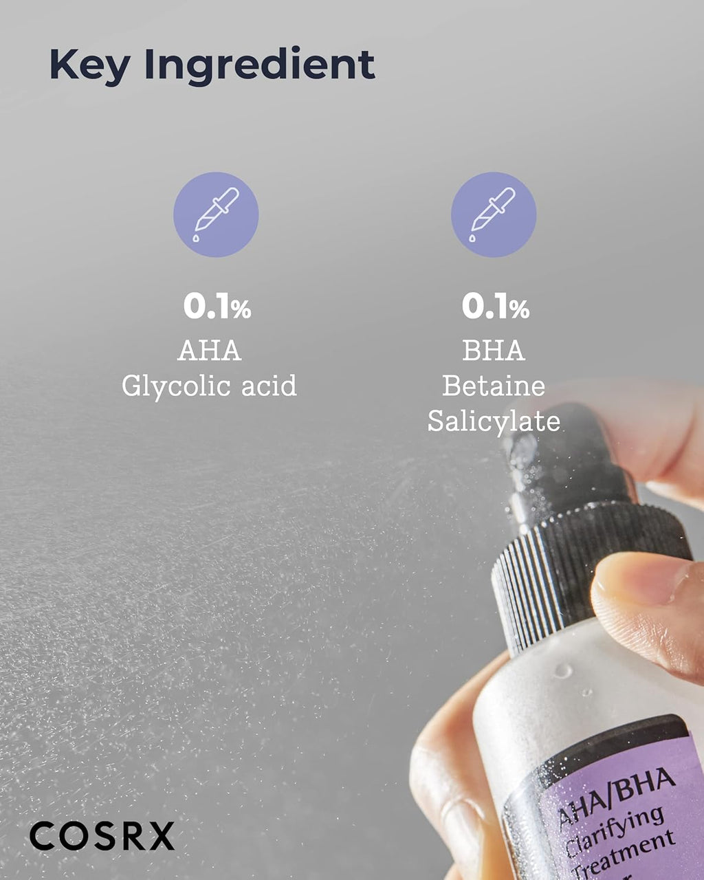 COSRX skincare treatment bottle with key ingredient labels on a gray background