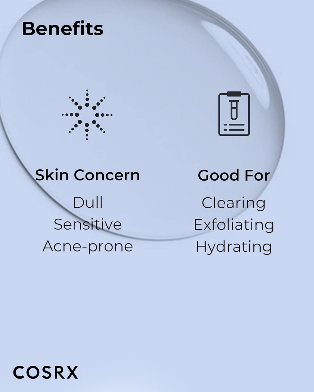 Cosrx product benefits for skin concerns on a light blue background