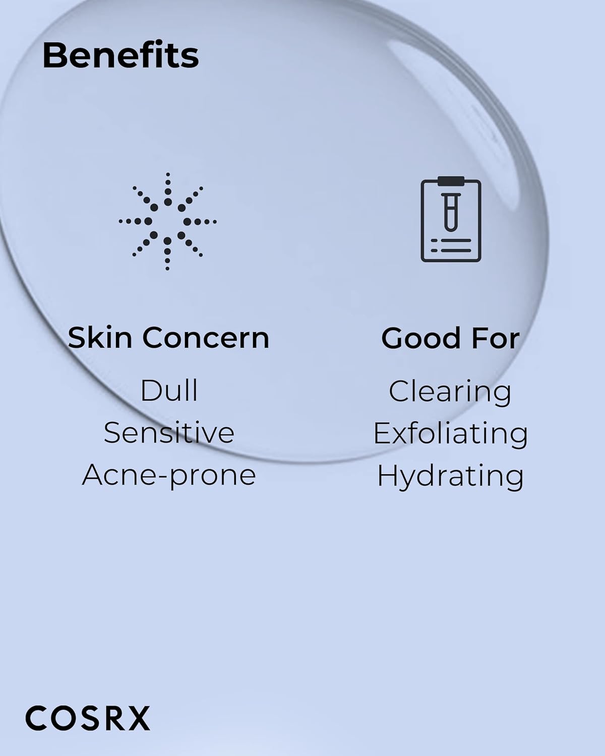 Cosrx product benefits for skin concerns on a light blue background