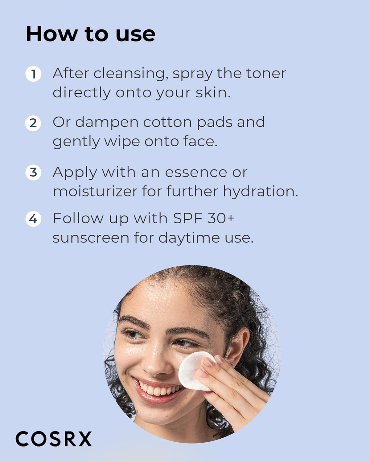 CosRX skincare product instructions with a woman applying toner.