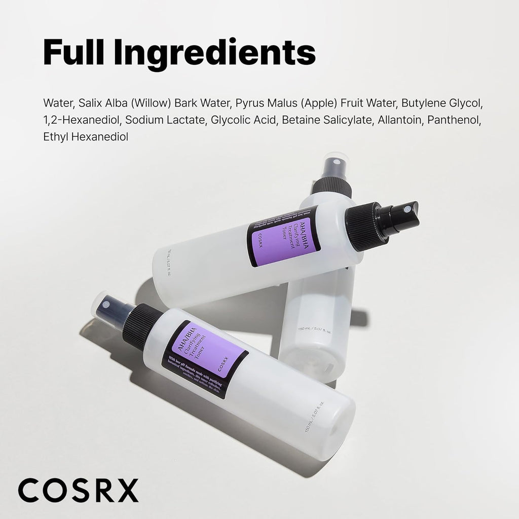 Two COSRX skincare products with a list of full ingredients on a light gray background.