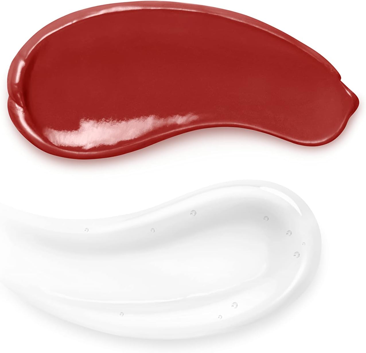 Two glossy swatches of cosmetic product on a white background: a thick, rich deep red swatch at the top and a translucent white swatch at the bottom.