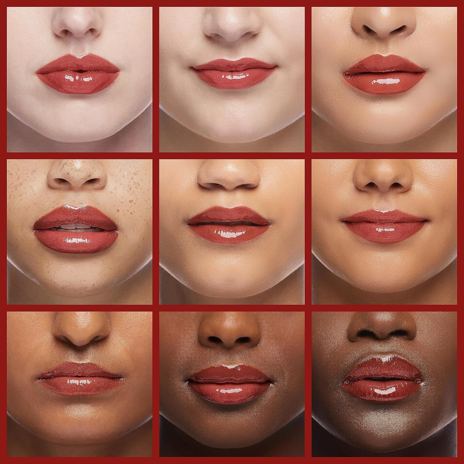 Grid of close-up images of lips in various shades on a red background
