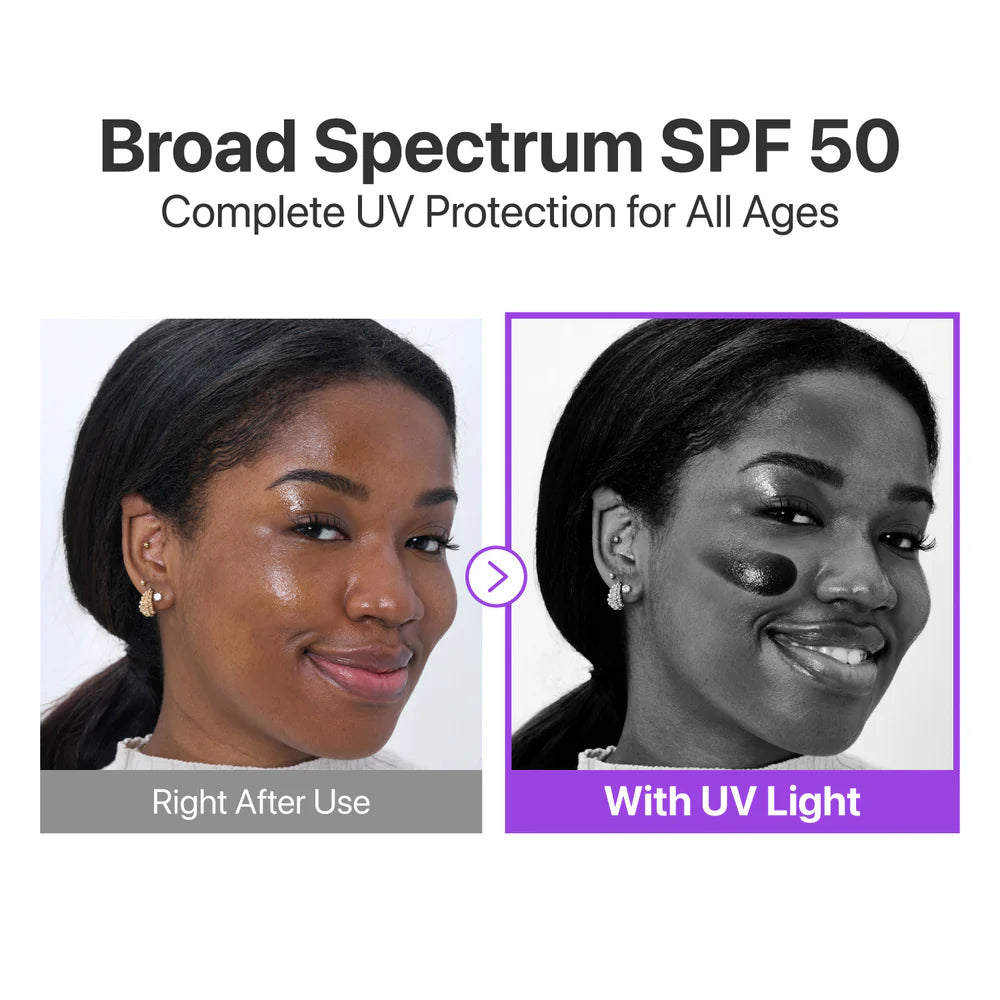 Before and after comparison of sunscreen application with text about Broad Spectrum SPF 50.