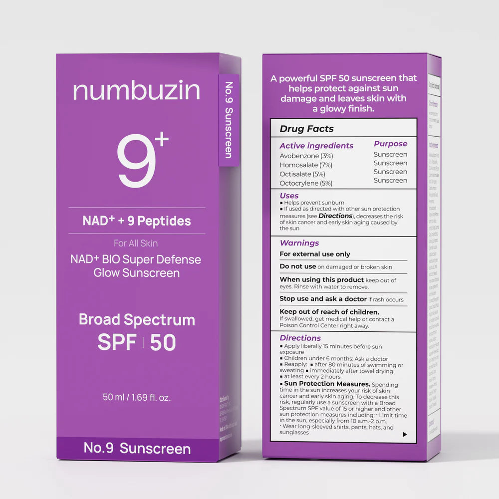 Numbuzin 9+ sunscreen packaging with purple and white design