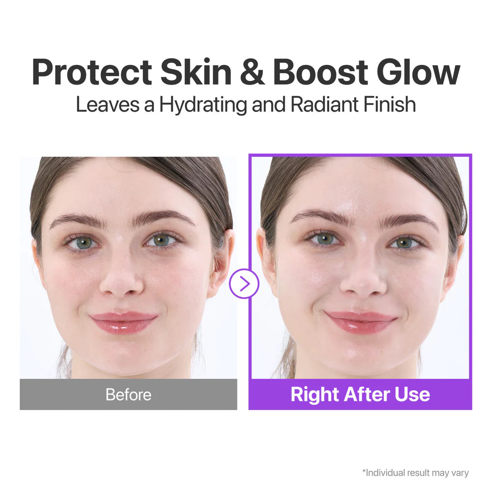 Before and after comparison of skin hydration with text 'Protect Skin & Boost Glow' and 'Leaves a Hydrating and Radiant Finish'.
