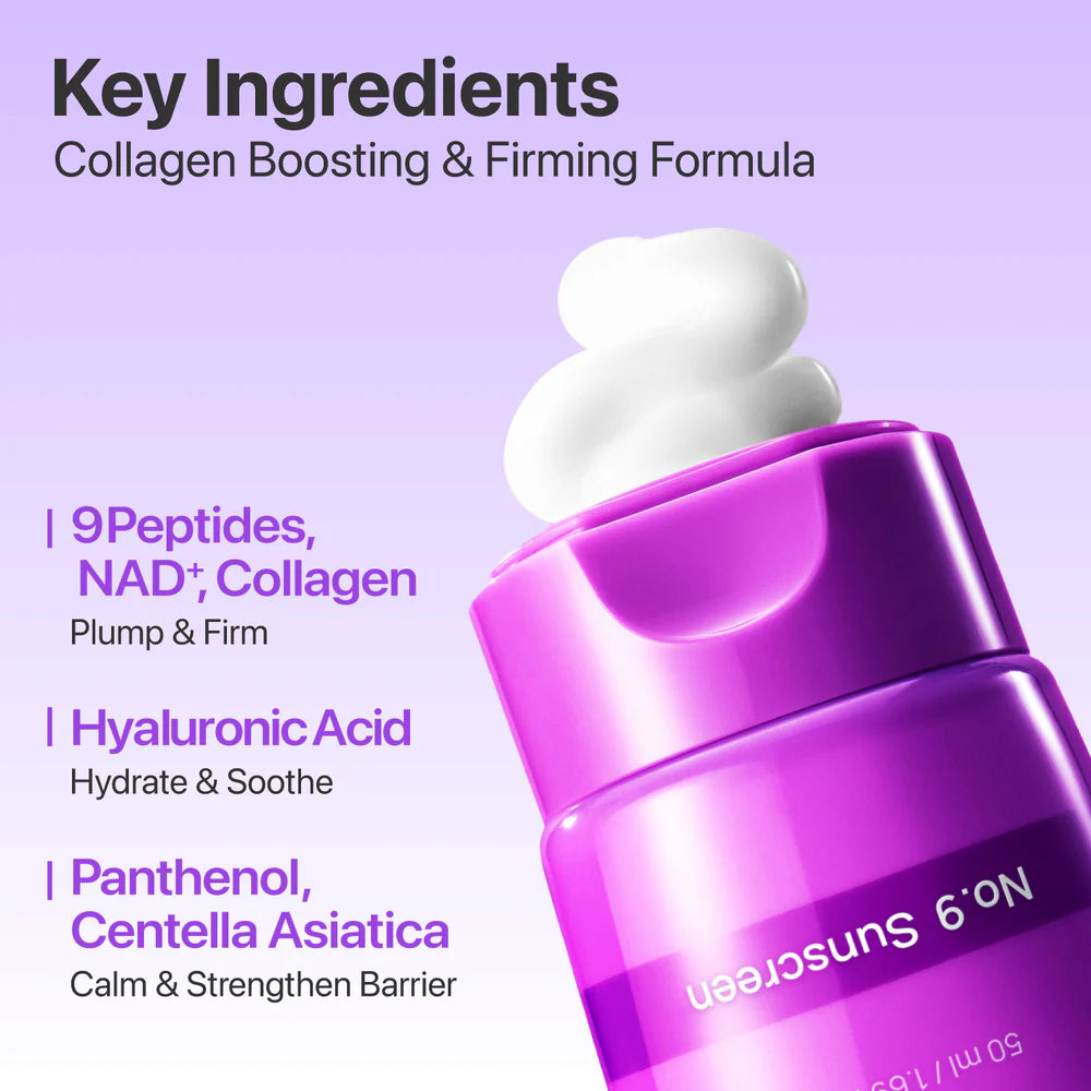 Purple skincare product with key ingredients listed on a light purple background