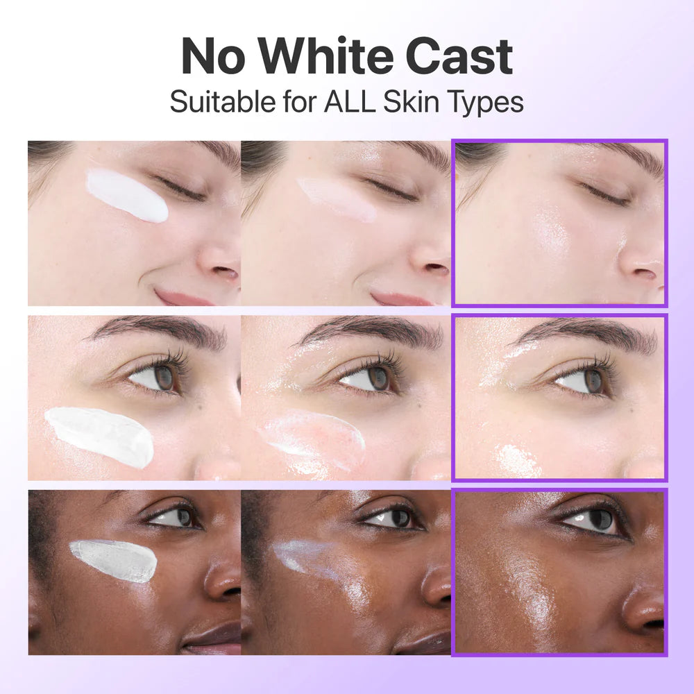 Collage of faces with a product application, highlighting 'No White Cast' feature.