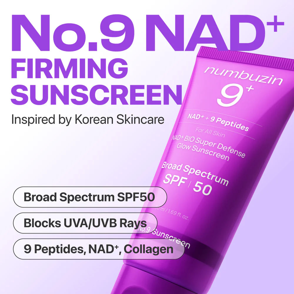 Purple sunscreen tube with text highlighting features on a light purple background