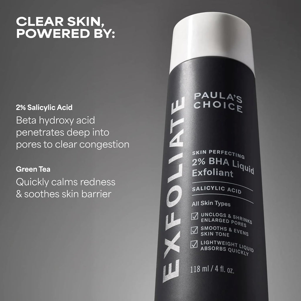 Paula's Choice Exfoliate skin care product with text on a gray background