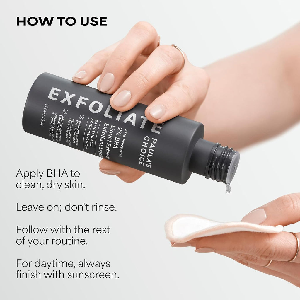 A hand holds a black bottle labeled EXFOLIATE PAUL AS CHOICE against a light gray background, with text showing how to use the product and another hand holding a cotton pad.