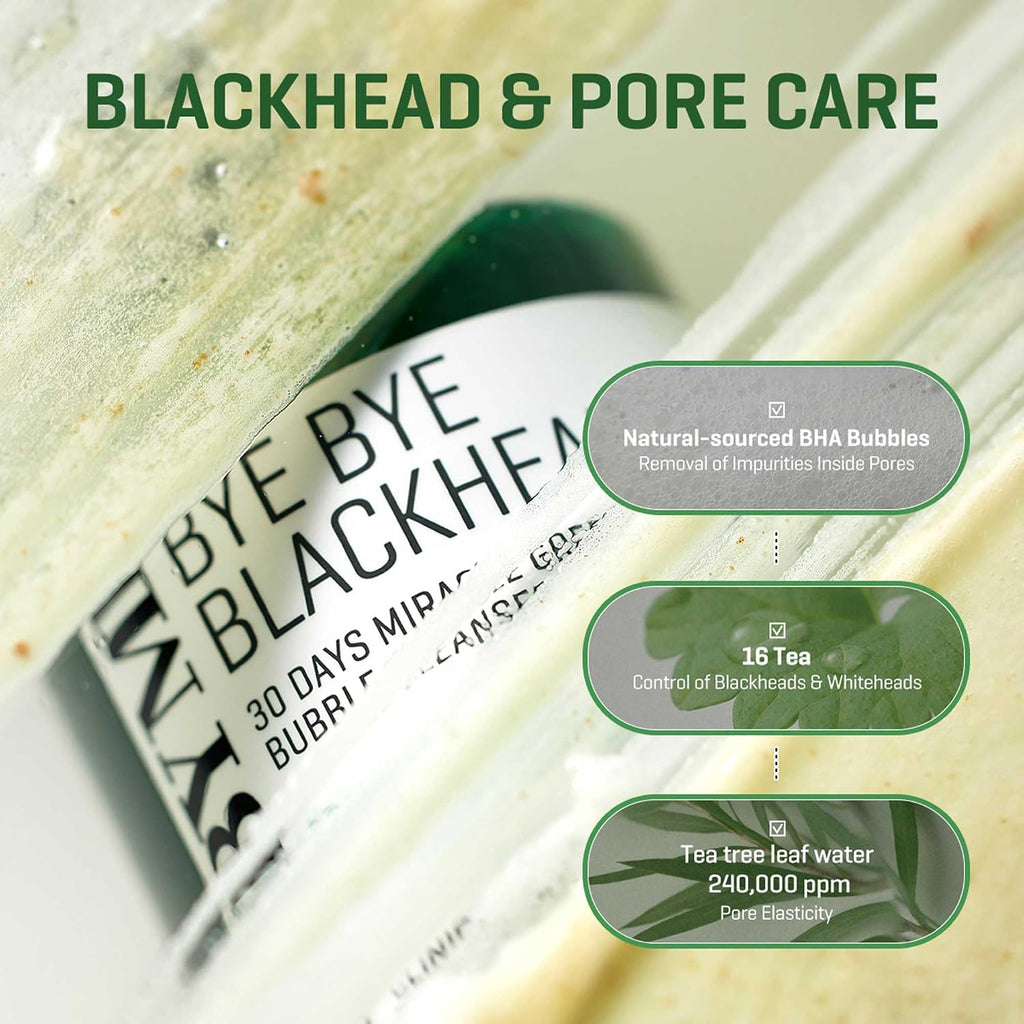 Product packaging for 'Bye Bye Blackhead' with text about blackhead and pore care on a blurred background.