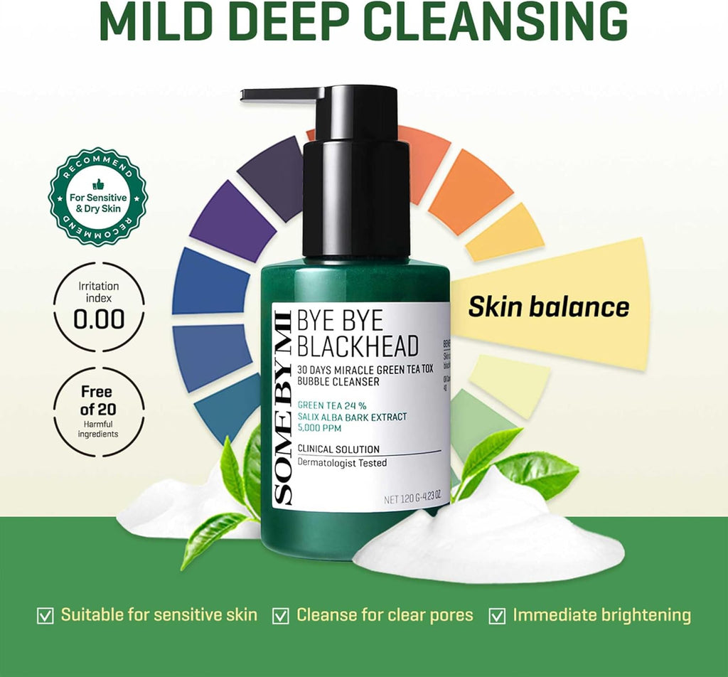 Skincare product with green bottle and white pump on a green background, featuring text about mild deep cleansing and skin balance.