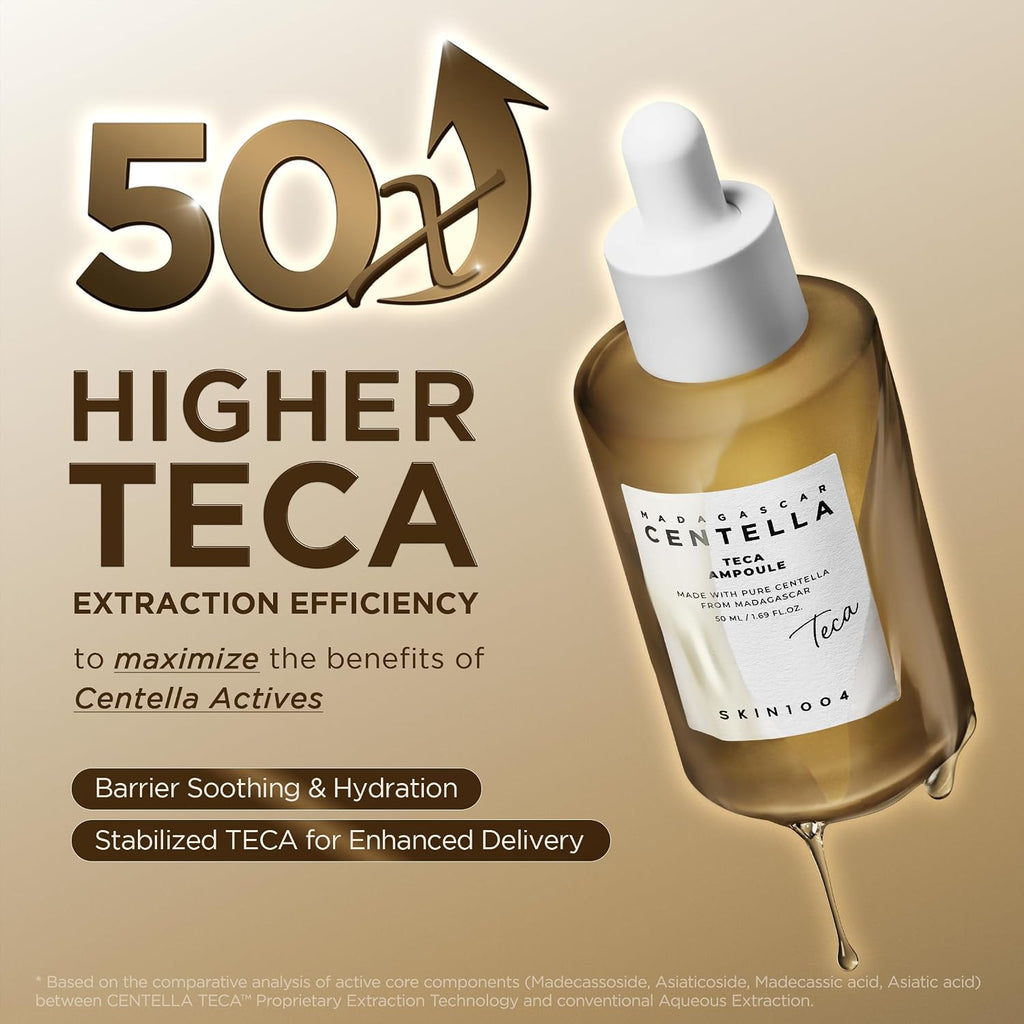 A bottle of SKIN004 Higher TECA Extraction Efficiency Yoga Ampoule serum with a white dropper cap and amber liquid, set against a beige background with promotional text.