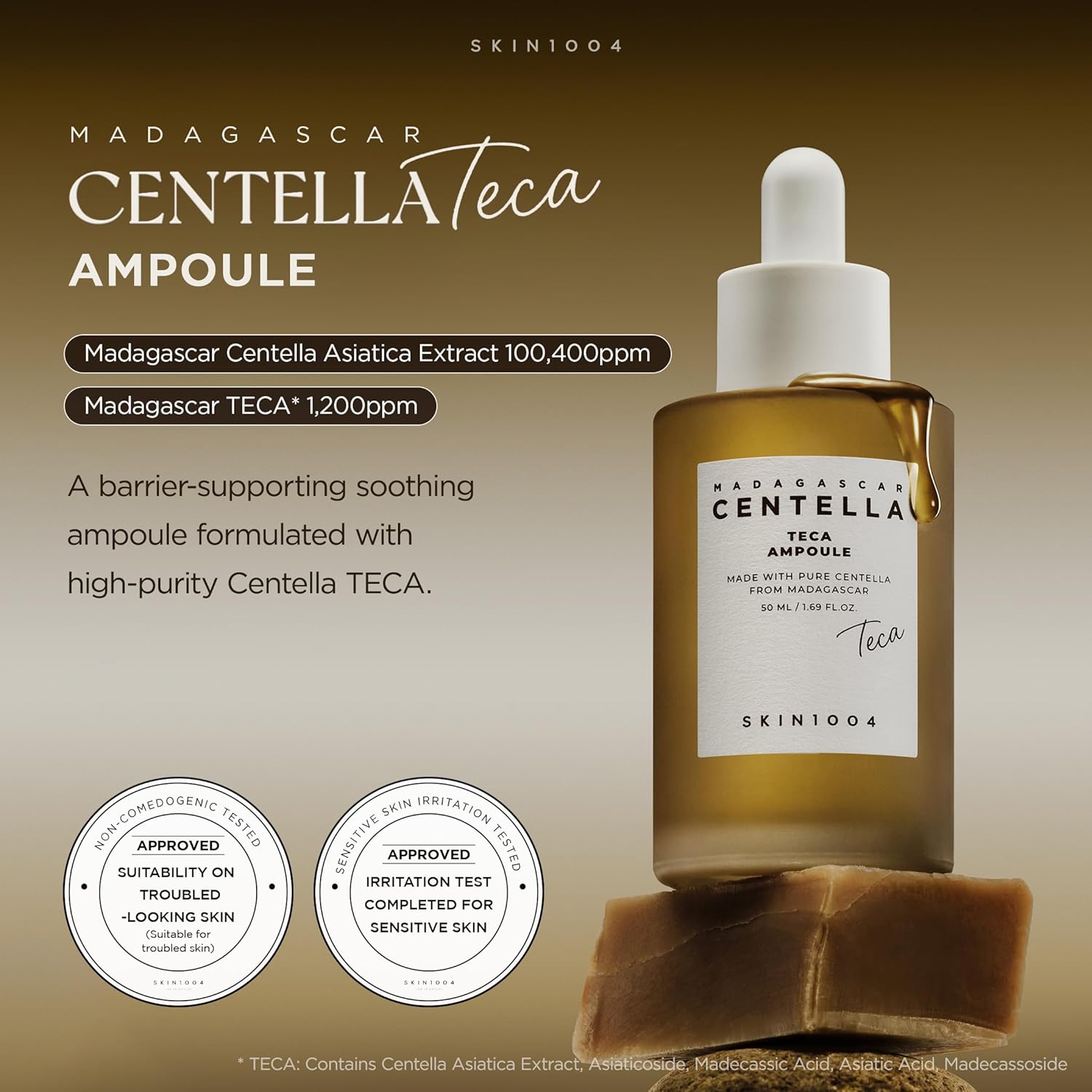 SKIN1004 Madagascar Centella Teca Ampoule bottle with text and labels on a brown background