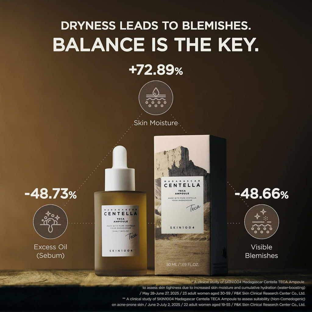 Skincare product with packaging on a brown background, featuring text about skin health.