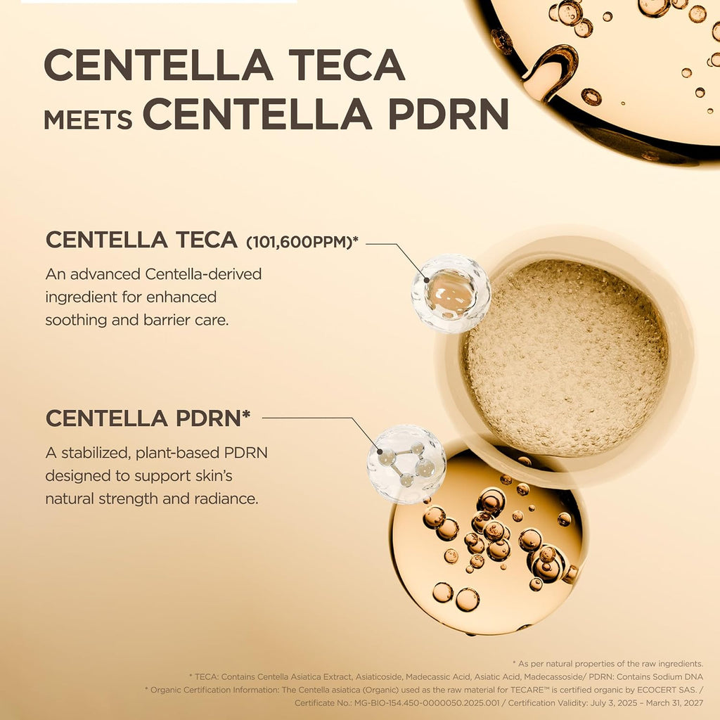 Advertisement for Centella Teca and Centella PDRN with close-up of a skincare product.