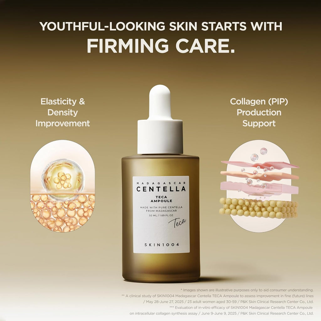 SKIN1004 Ampoule bottle with text about firming care on a beige background