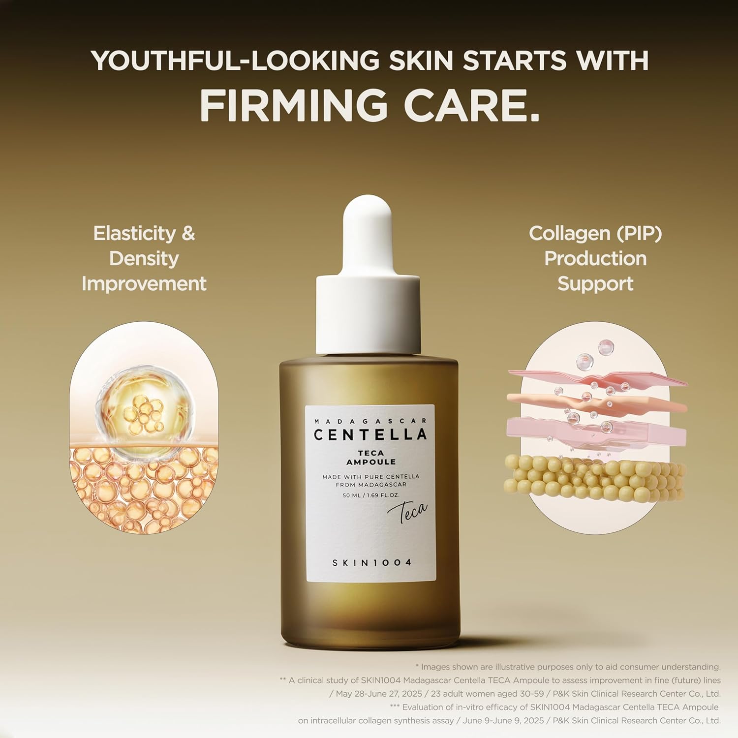 SKIN1004 Ampoule bottle with text about firming care on a beige background