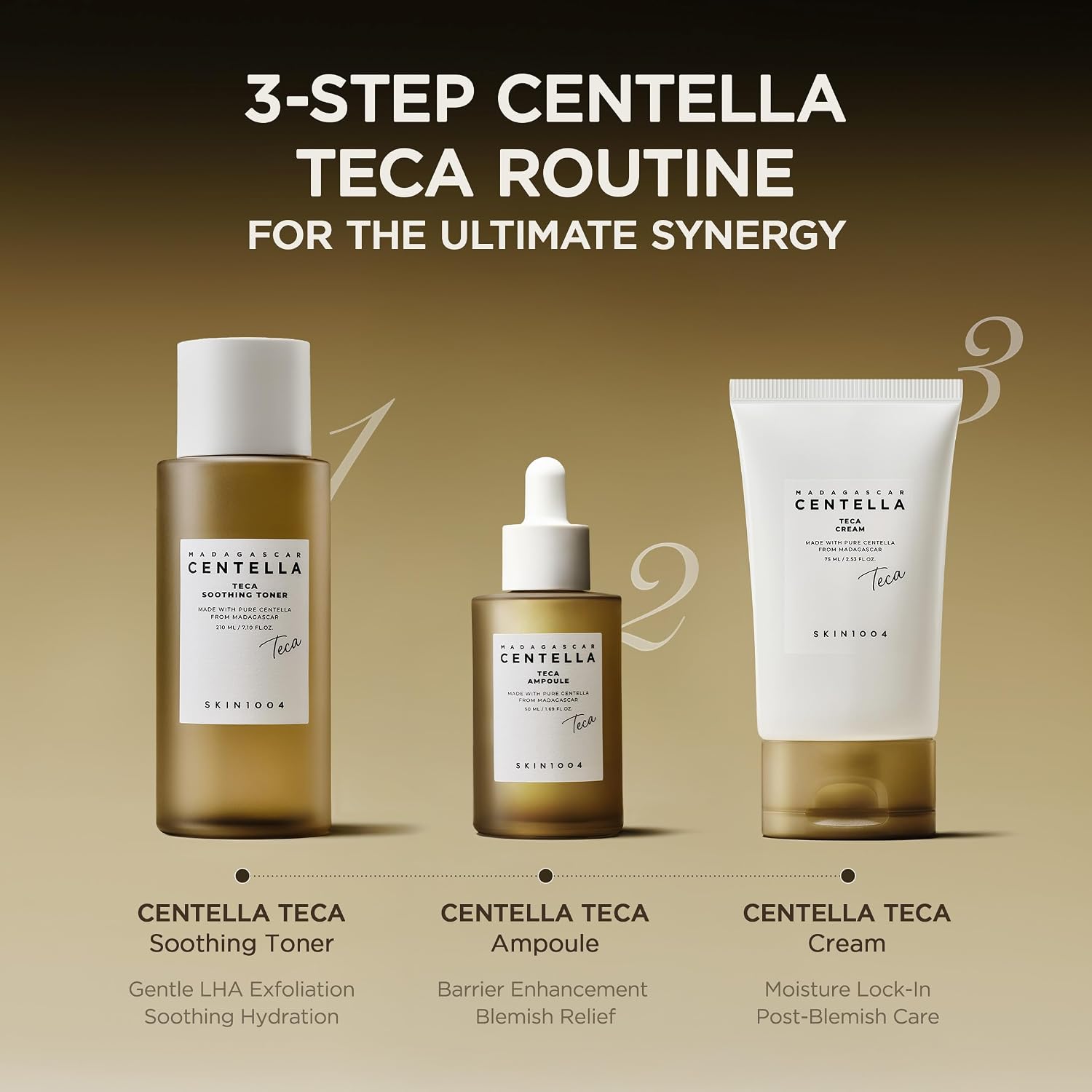 Three skincare products with labels for a 3-step Centella Teca routine on a brown background.