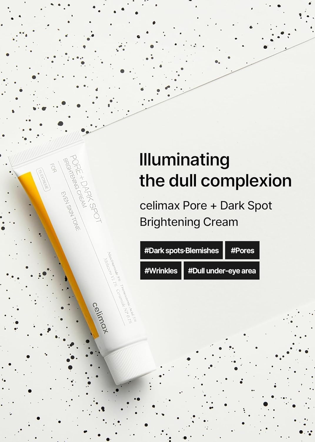 Tube of celimax Pore + Dark Spot Brightening Cream on a textured white background