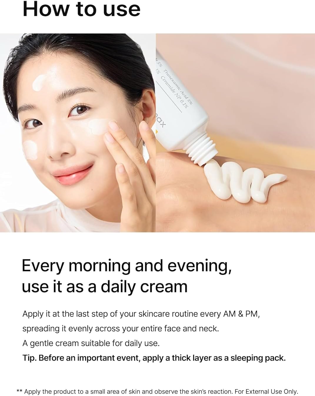 Person applying celimax Pore + Dark Spot Brightening Cream 35ml  cream to face with text on how to use it