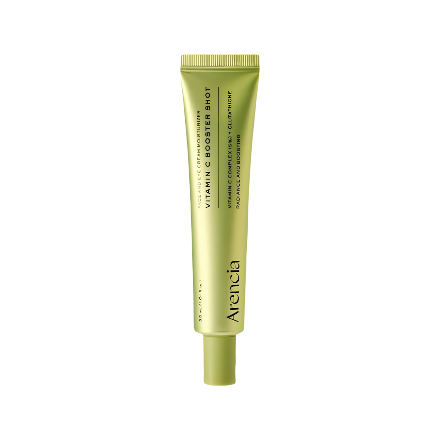 A gold squeeze tube of Arencia Vitamin C Booster Shot serum on a solid white background.